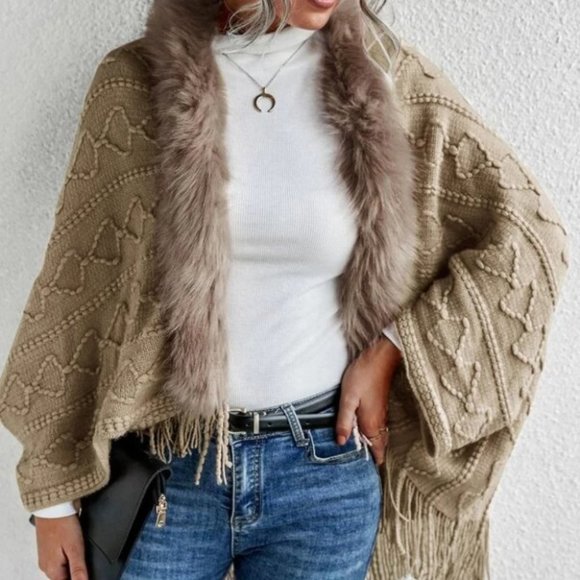 Faux fur Trim Textured Knit  Open front Sweater Cardigan Khaki - Picture 8 of 9